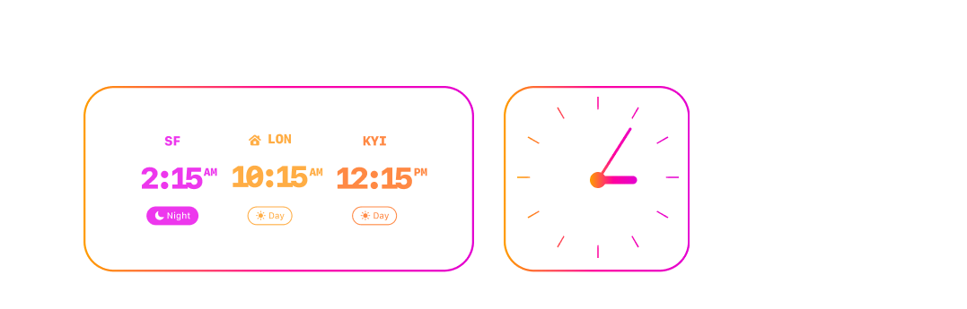 iOS home screen widget showing multiple timezones with interactive time adjustment controls